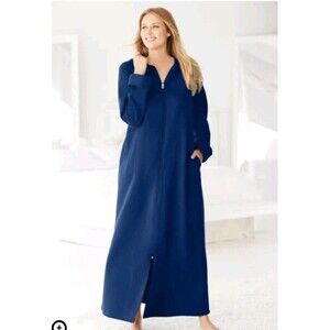 New Women's Long Fleece Hooded Zip Front Navy Robe Plus Sz 5x 38 40 Dreams & Co